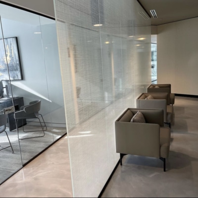 patterned wall of safety glass at an office in englewood cliffs nj